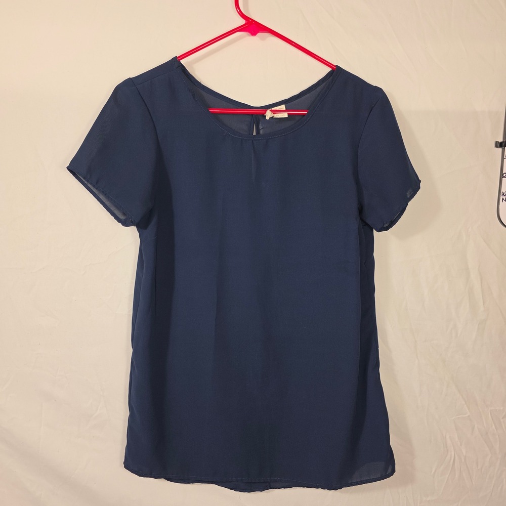 Japna Blouse Womens XS Navy Blue Excellent Short Sleeve Chiffon Keyhole Back 728